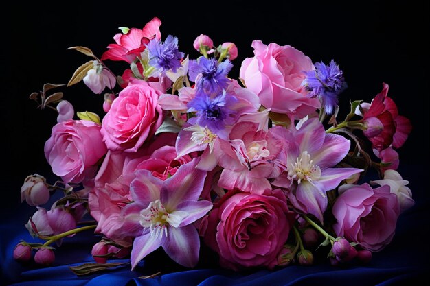 Wunderschöner Blumenstrauß mit rosa Rosen in Nahaufnahme in blumigem Hintergrund