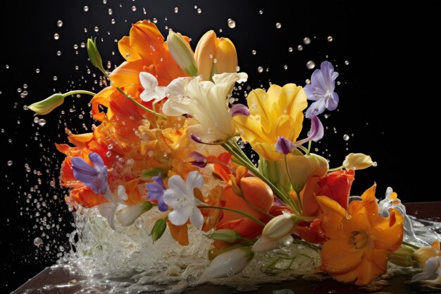 Wunderschöner Blumenstrauß und Wasser spritzen auf schwarzem Hintergrund zarte Blumen