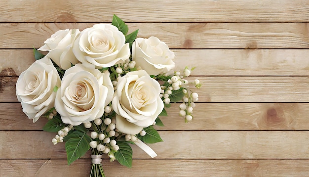 Foto wunderschöner blumenstrauß weißer rosen auf hölzern hintergrund