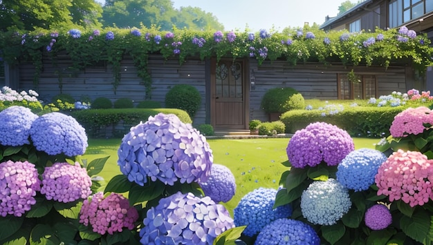 Wunderschöner bunter Hortensiengarten, der als Desktop-Hintergrund verwendet wird