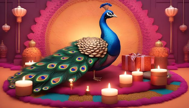 Wunderschöner bunter Pfau, umgeben von Mandala, indisches Diwali-Fest, sieht elegant aus, Super-HD