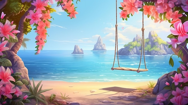 wunderschöner Cartoon-Hintergrund Plumeria-Paradies mit Schwung am Meer