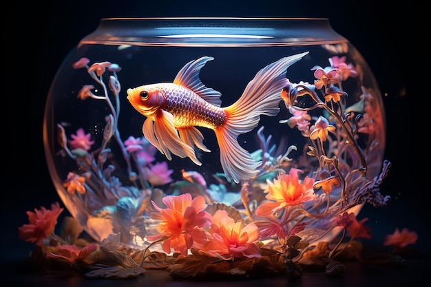 Wunderschöner dekorativer Fisch, der auf einer Fischschale mit rosa Blumen und Neonbeleuchtung schwimmt