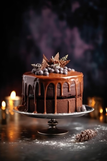 Wunderschöner Designer-Schokoladenkuchen mit goldenen Verzierungen. Generative KI