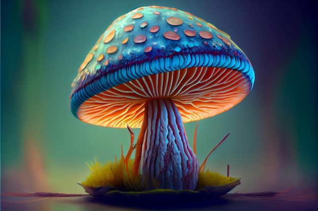 Wunderschöner Fantasy-Pilz mit leuchtenden Pastellfarben auf verschwommenem Bokeh-Hintergrund. Generative KI-Illustration