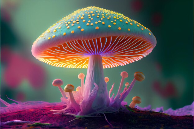 Wunderschöner Fantasy-Pilz mit leuchtenden Pastellfarben auf verschwommenem Bokeh-Hintergrund