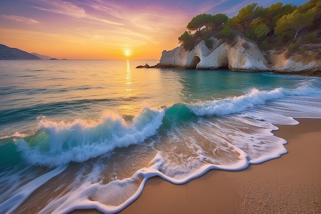 Wunderschöner farbenfroher Sonnenuntergang am Strand mit Meer und Wellen