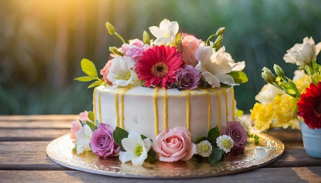 Wunderschöner Geburtstags- oder Hochzeitskuchen, geschmückt mit Frühlingsblumen, köstliches festliches Dessert