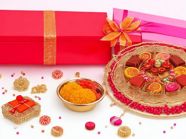 Wunderschöner hinduistischer traditioneller Raksha-Bandhan-Fest-Hintergrund und Geschenkbox, ai generiert