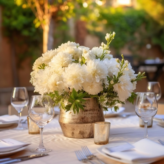 Wunderschöner Hochzeitstisch im Freien mit weißen Blumen