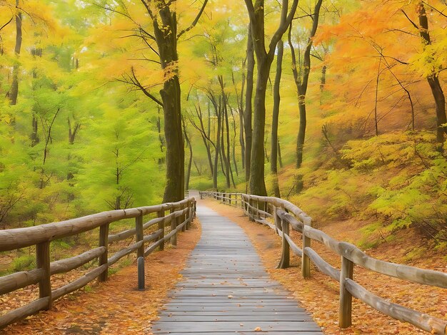 Wunderschöner Holzweg, der zu den atemberaubenden bunten Bäumen in einem Wald führt