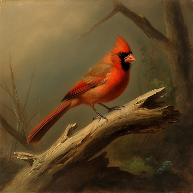Wunderschöner Kardinalvogel, der auf einem Baum sitzt, Wintersaison-Tapete, KI-generierte Kunst