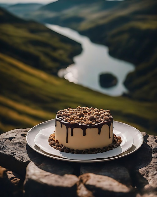 Wunderschöner Kuchen, der in einer natürlichen Landschaft und Bergen liegt, die wie wunderschöne Kuchen aussehen