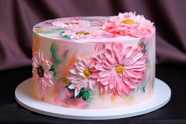 Wunderschöner Kuchen mit vielen Blumen dekoriert. Hochzeitstorte Generative KI