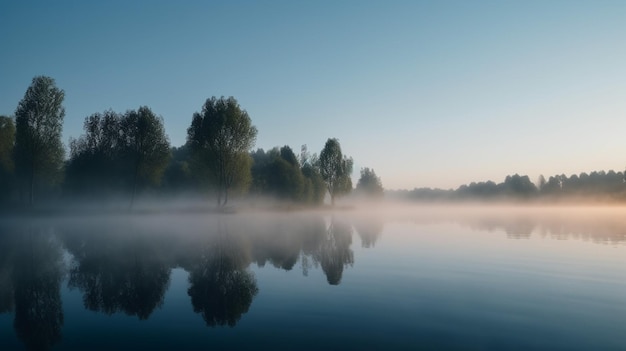 Wunderschöner Landschaftsblick auf Kiefernwald und Seeblick mit Sonnenlicht und Nebel über einem See Lakeshore generative AI