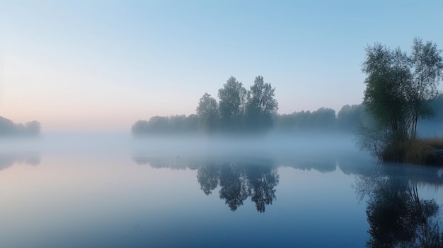 Wunderschöner Landschaftsblick auf Kiefernwald und Seeblick mit Sonnenlicht und Nebel über einem See Lakeshore generative AI