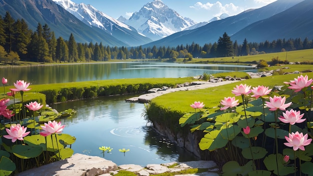 Wunderschöner Lotussee mit entspannender Naturszene als Desktop-Hintergrund