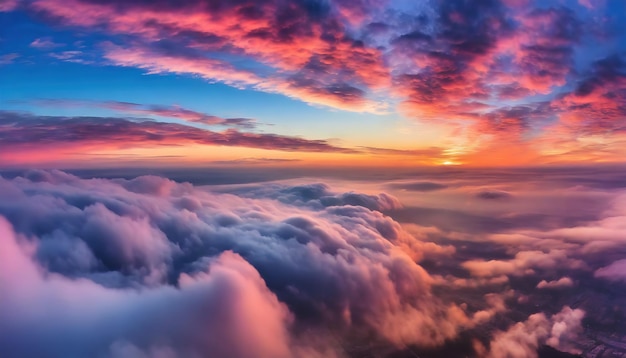 Foto wunderschöner magischer sommersonnenuntergang mit flauschigen wolken von oben luftansicht illustration erzeugt von ki