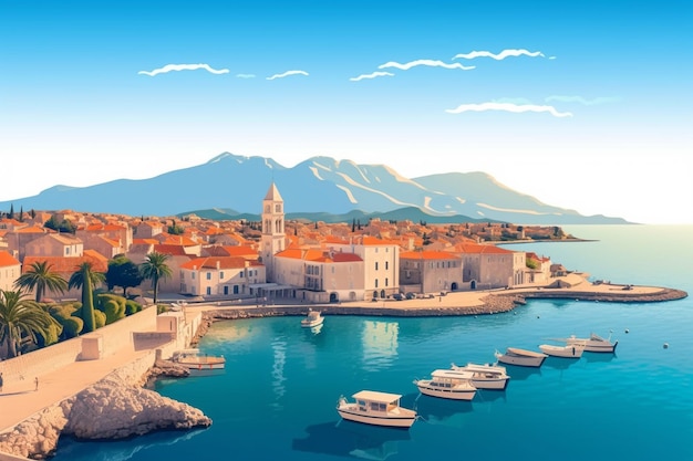 Wunderschöner Meerblick, Blick auf das Meer von der Stadt aus, Blick auf ein mediterranes Haus