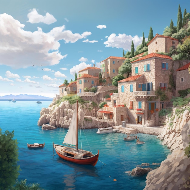 Wunderschöner Meerblick, Blick auf das Meer von der Stadt aus, Blick auf ein mediterranes Haus