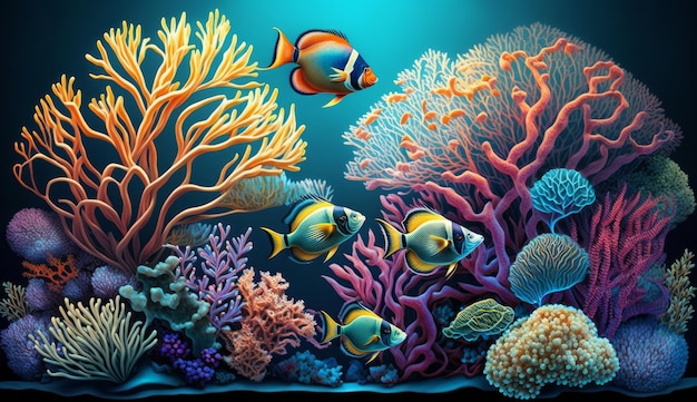 Wunderschöner Meeresboden mit leuchtenden Korallen und Fischen AI generative