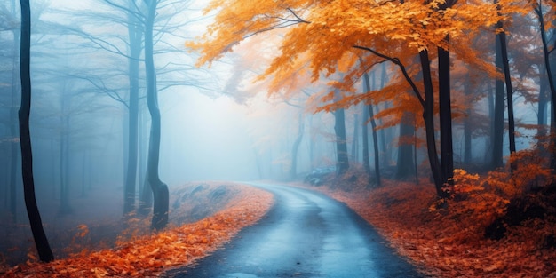 Wunderschöner mystischer Wald im blauen Nebel im Herbst. Bunte Landschaft mit verzauberten Bäumen mit orangefarbenen und roten Blättern. Landschaft mit Pfad im verträumten Nebelwald. Herbstfarben im Oktober. Naturhintergrund