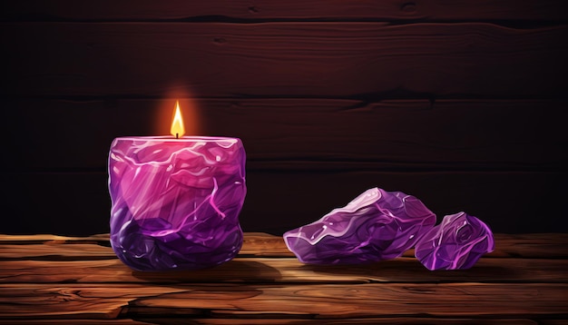 Wunderschöner purpurfarber Amethyst-Kristallstein mit purpurfarbener brennender Kerze, die den hölzernen Hintergrund beleuchtet
