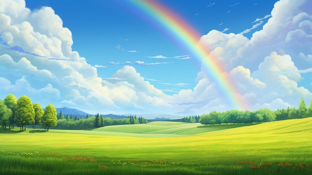 Wunderschöner Regenbogen und grünes Feld mit verschiedenfarbigen Bäumen und blauem Himmel mit Wolken