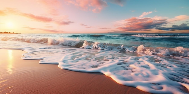 Wunderschöner Sandstrand bei Sonnenuntergang Nahaufnahme Meereswelle am Sandstrand Meeresküste Konzeptreise und Sommerurlaub