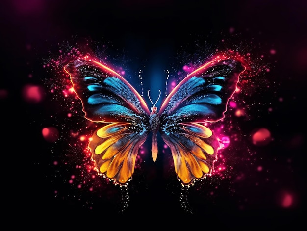 Wunderschöner Schmetterling mit leuchtender Wirkung auf dunklen Hintergrund Generative KI