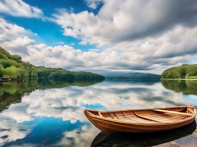 wunderschöner Schuss eines kleinen Sees mit einem hölzernen Ruderboot im Fokus und erstaunlichen Wolken am Himmel
