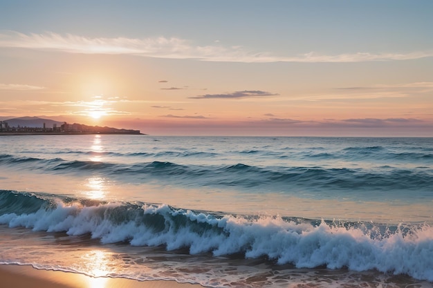 Wunderschöner Sonnenuntergang am Strand. Meereswellen im Vordergrund