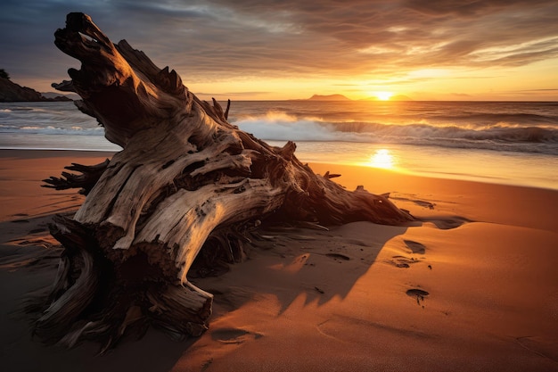 Wunderschöner Sonnenuntergang am Strand mit einem großen Treibholz im Vordergrund