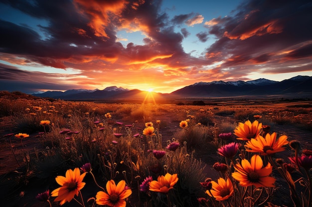 Wunderschöner Sonnenuntergang in der Wüste mit Blumen und Bergen im Hintergrund