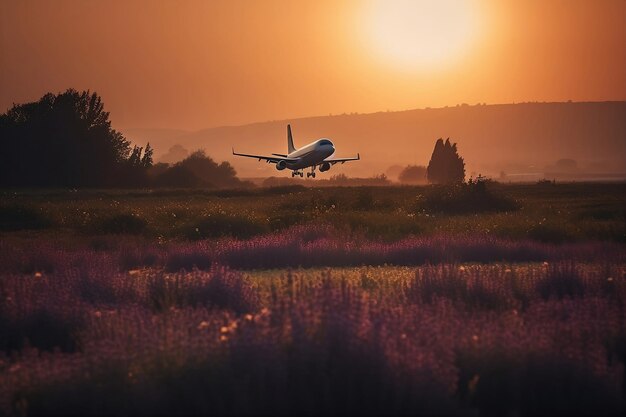 Wunderschöner Sonnenuntergang mit Blick auf das Feld und die generative KI des Flugzeugs