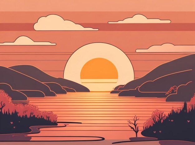 Wunderschöner Sonnenuntergang über dem Fluss Vektor-Illustration