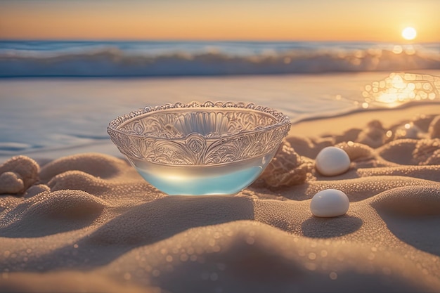 wunderschöner Sonnenuntergang über dem Meerschöner Sonnenuntergang über dem Meereine Tasse Tee am Strand