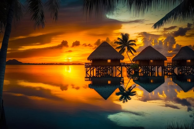 Wunderschöner Sonnenuntergang über einer tropischen Insel mit Palmen und Hütten auf Stelzen. Generative KI