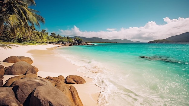 Wunderschöner Strand mit weißem Sand und türkisfarbenem Wasser. Generative KI