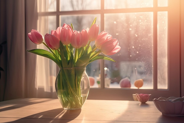 Wunderschöner Strauß frischer rosafarbener Tulpen in grüner Glasvase auf dem Tisch im warmen Sonnenlicht des Sonnenuntergangs vor dem Balkonfenster im gemütlichen Wohnambiente. Blühende Blumendekoration im Wohnzimmer im provenzalischen Stil