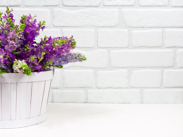 Wunderschöner Strauß lila-violetter Blumen in einem weißen Korb auf weißem Hintergrund. Grußkarte zum Muttertag. Platz für eine Inschrift