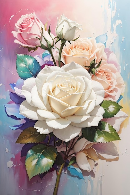 Wunderschöner Strauß weißer und rosa Rosen auf buntem Hintergrund