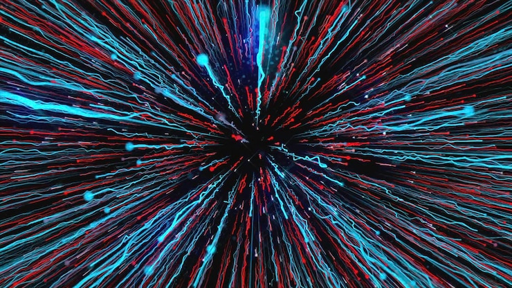 Foto wunderschöner strom leuchtender bunter strahlen auf schwarzem hintergrund. tauchen sie ein in den kosmischen hypersprung