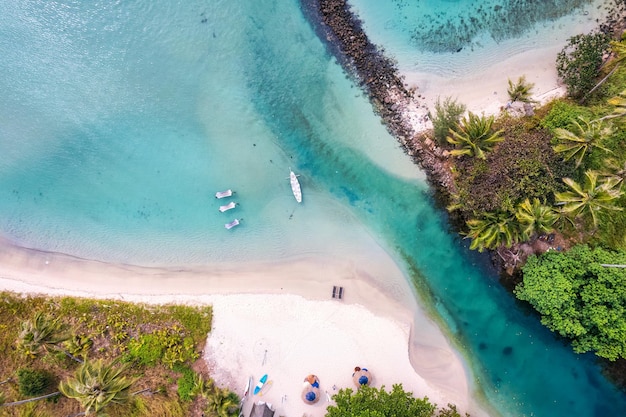 Wunderschöner tropischer Meeresstrand mit Palmenwald und Resort im Sommer