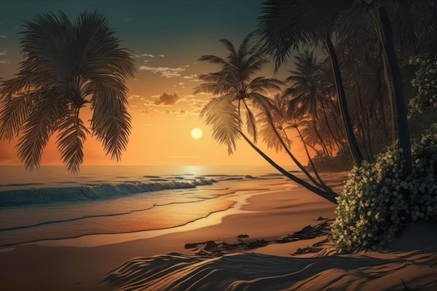 Wunderschöner tropischer Strand bei Sonnenuntergang mit Palmen und orangefarbenem Himmel