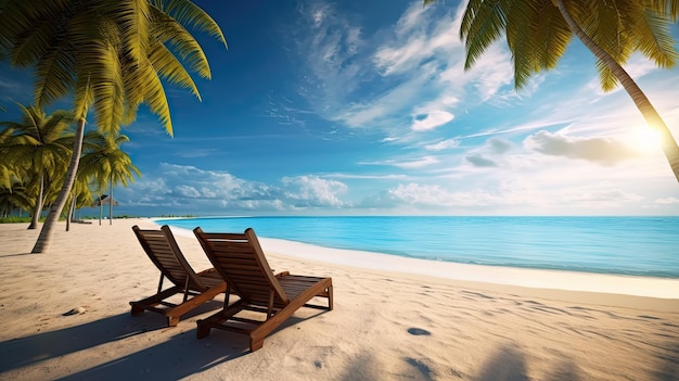 Wunderschöner tropischer Strand mit weißem Sand und zwei Sonnenliegen im Hintergrund