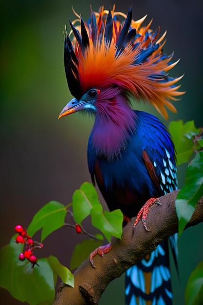 Wunderschöner tropischer Vogel mit einem Kamm auf einem Ast in einem Dschungel Generative KI