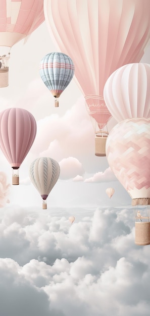 Wunderschöner vertikaler Hintergrund mit Heißluftballons am Himmel in Pastellfarben Generative Ai