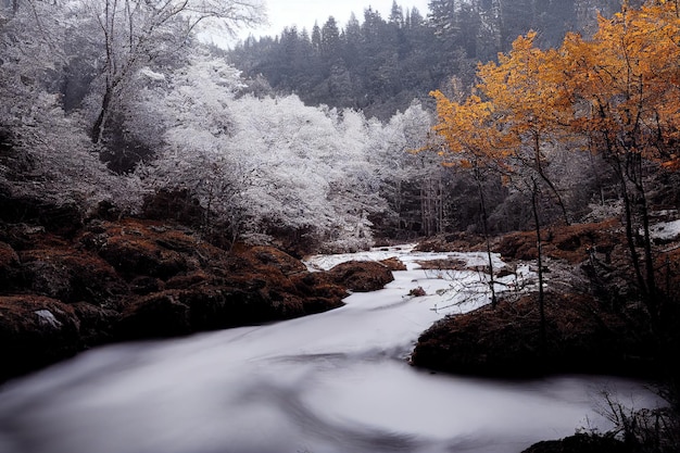 Wunderschöner Waldeisstrom und Fluss Fantastische epische magische Landschaft Herbst- und Winternatur