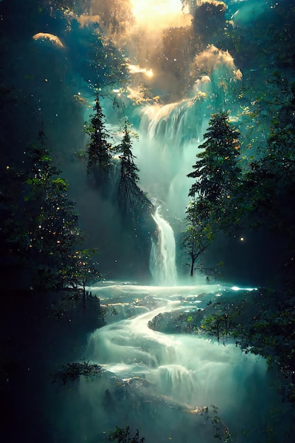 Wunderschöner Wasserfall im tiefen Wald wie eine paradiesische 2D-Illustration